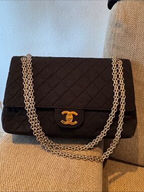 Vintage Chanel Black Cotton Double Flap Chain Shoulder Bag- 100% Authentic